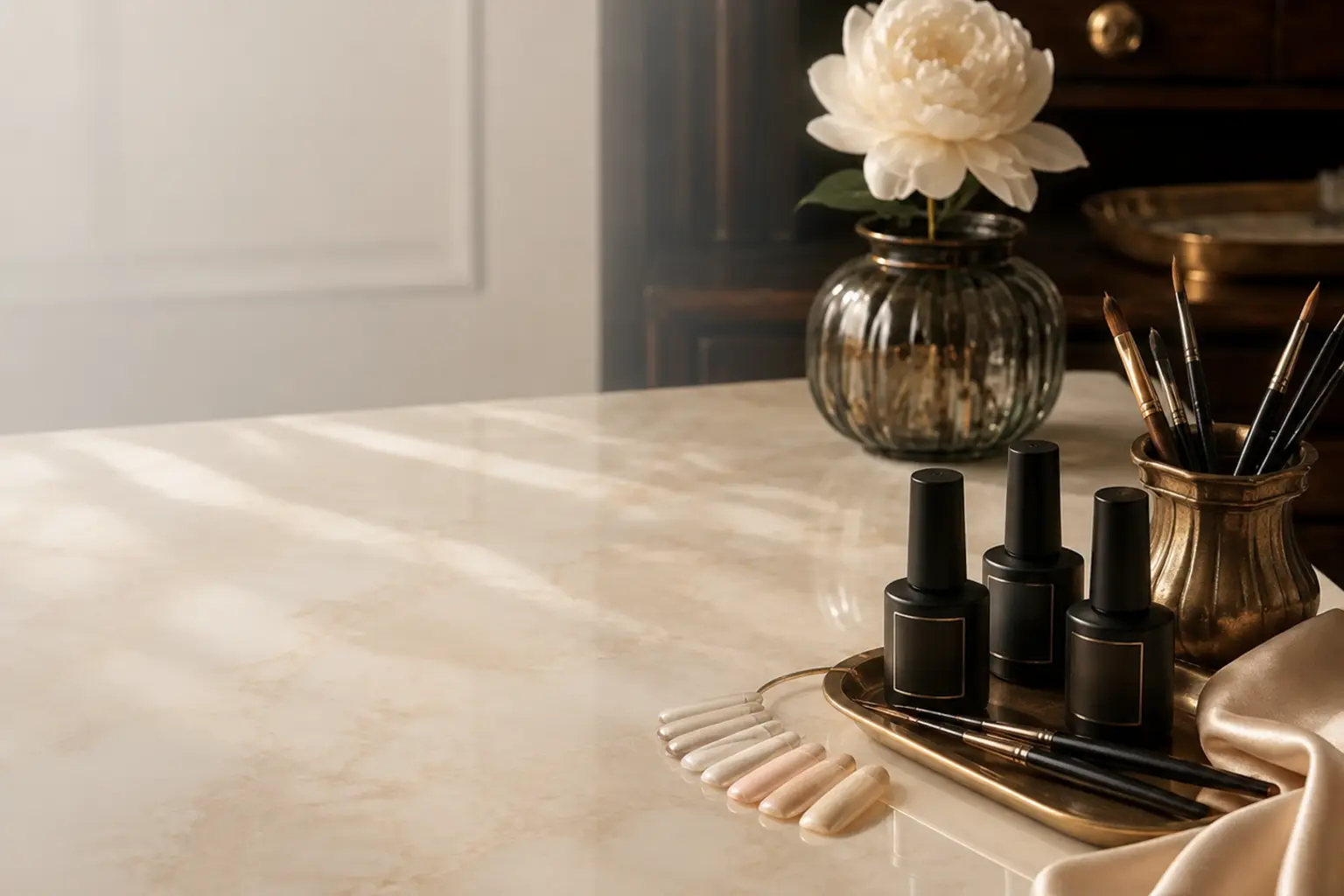 Elegant professional nail supplies arranged in a classic luxury atelier