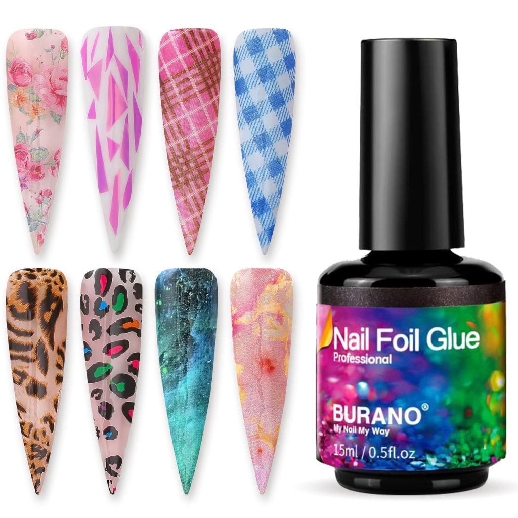 BURANO Nail Art Foil Glue Gel, o.5 oz Nail Foil Glue for Nails, 15ML Designer Nail Foils Nail Art Foil Transfer Gel UV LED Lamp Required (1 Bottle)