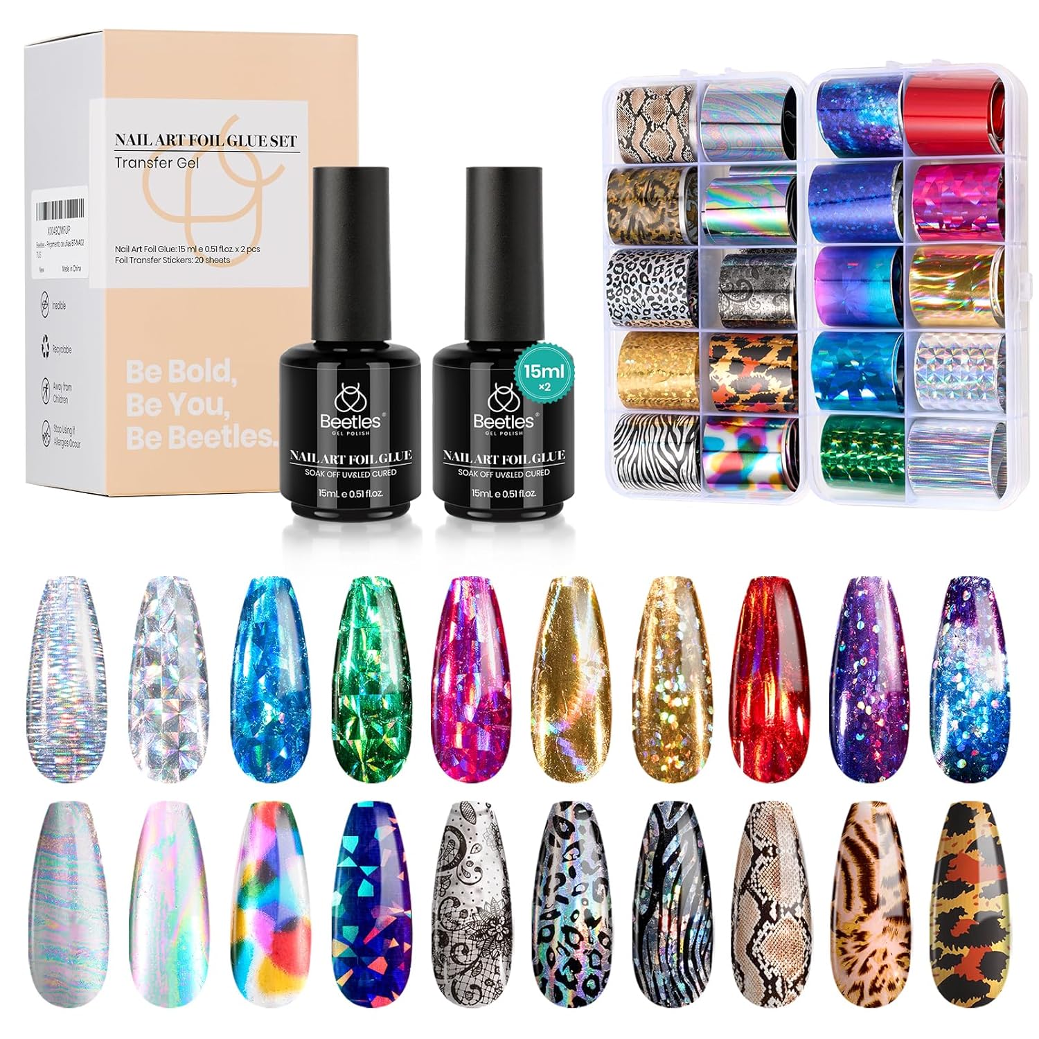 Beetles Nail Foil Art Kit, 20 Pcs Nail Foils Transfer with 30ml Nail Foil Glue Gel for Nails – Metal Holographic Leopard Stickers Gels Nail Polish Set LED Lamp Required Soak Off Manicure Nails Art DIY