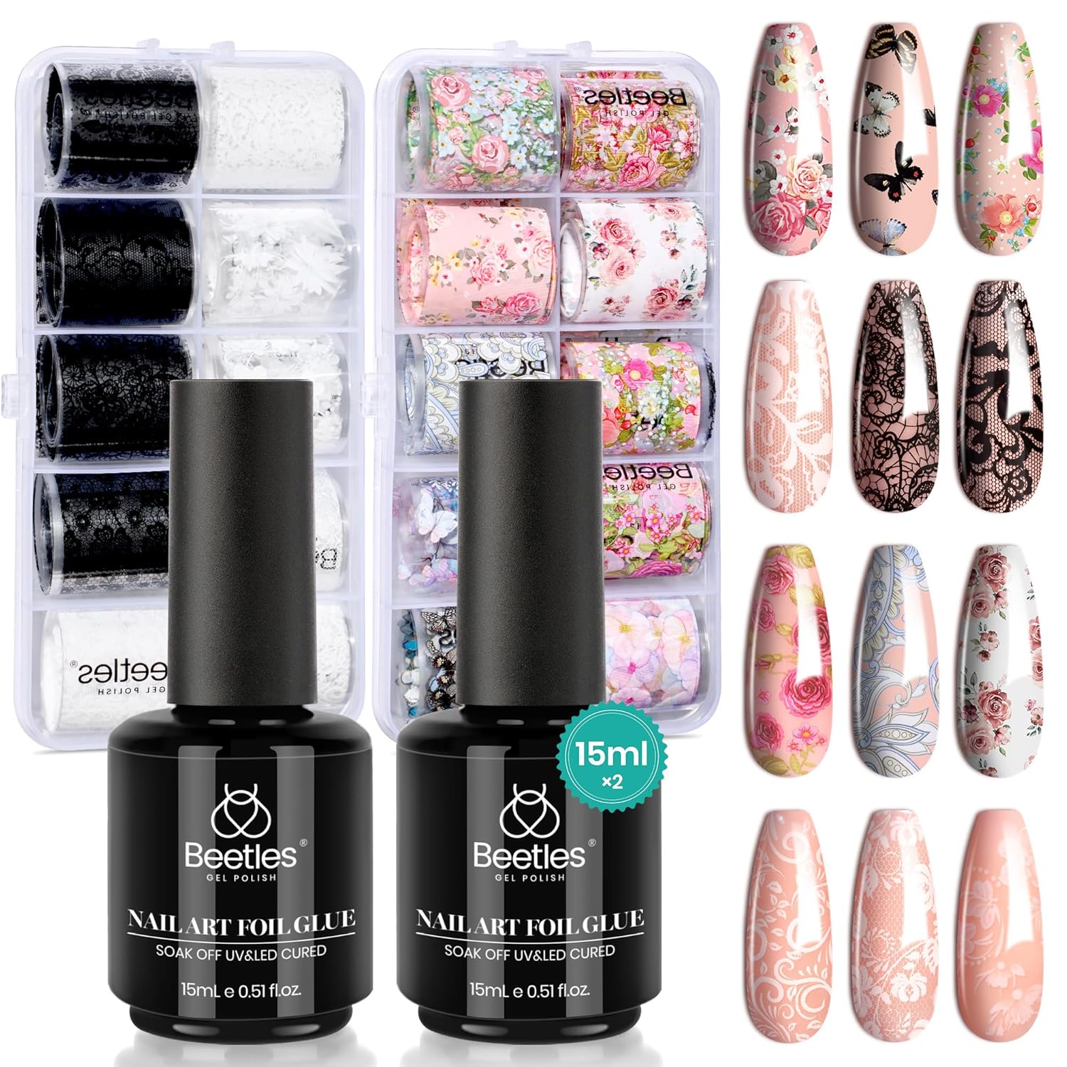 Beetles Nail Foil Glue Gel 2 Pcs 15ML with 20 Pcs Classic Lace Flower Butterfly Stickers Nail Transfer Set, White Black Nail Art DIY Manicure LED Lamp Required Soak Off Perfect for Christmas Women