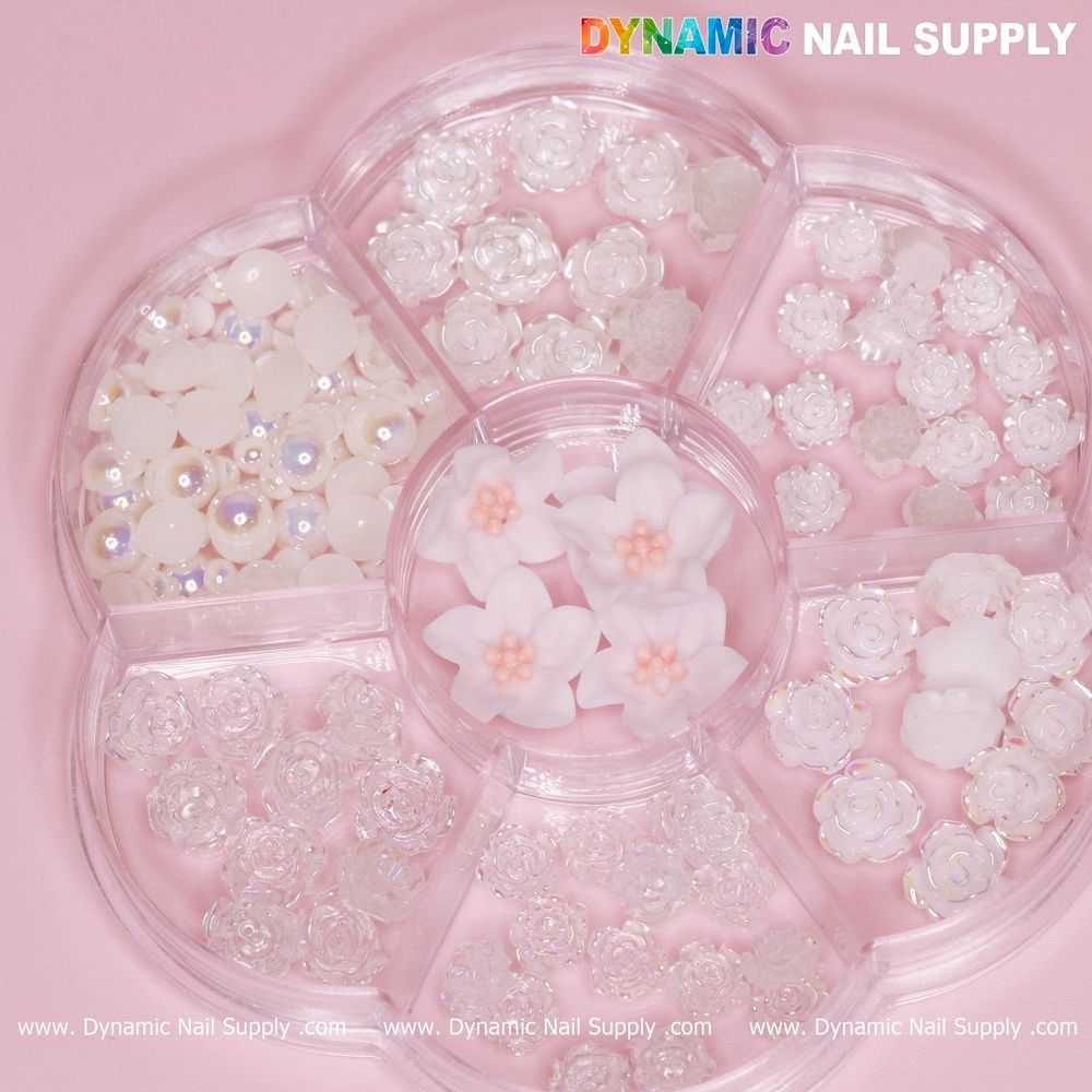 white iridescent rose nail charms pack - 7