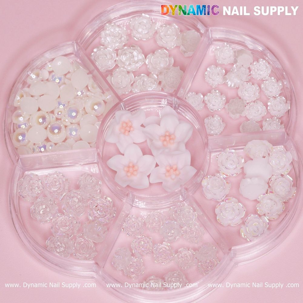 white iridescent rose nail charms pack - 8
